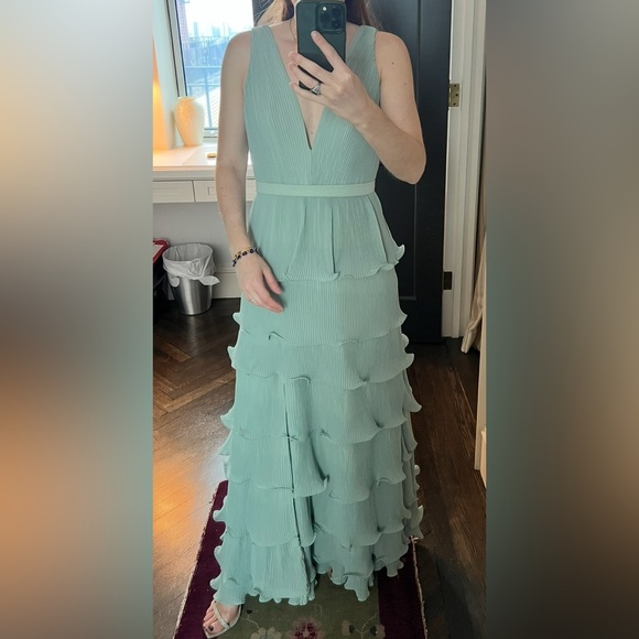 Ruffled V-Neck Tiered Maxi Dress by Mac Duggal in Sage. - Picture 5 of 5